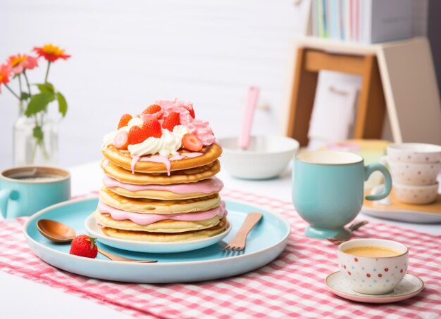 Stack of pancakes in retro style isolated on blue background Pancakes with berries and maple syrup