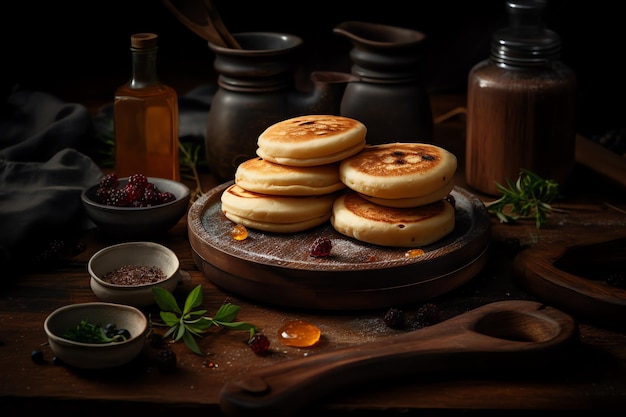 A stack of pancakes on a table with a cup of tea on the table.