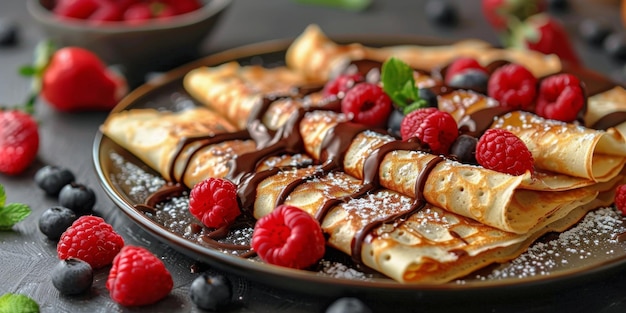 Stack of Pancakes Topped With Berries and Chocolate