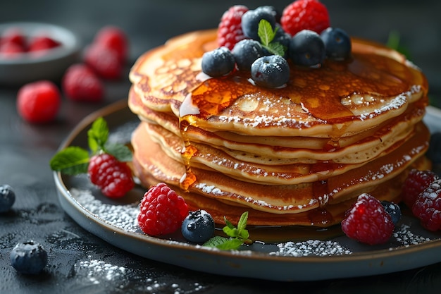 Stack of Pancakes Topped With Berries and Powdered Sugar Generative AI