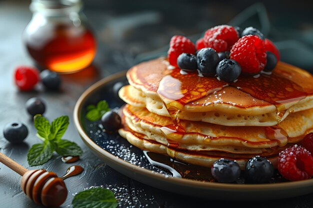 Stack of Pancakes Topped With Berries and Syrup