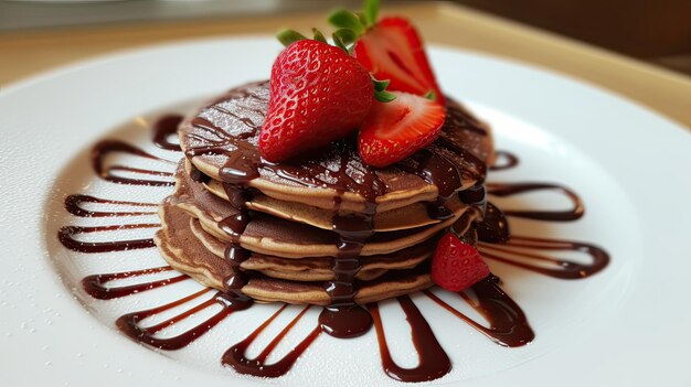 A stack of pancakes topped with strawberries and chocolate syrup