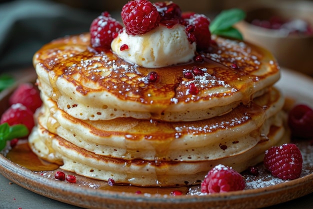 A stack of pancakes topped with syrup and raspberries tasty sweet dessert