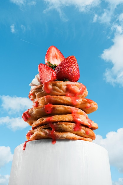 Stack of pancakes or tower of pancakes shot from below perspective effect Creative stack of pancakes with berries strawberries and appetizing dripping drops of syrup blue sky and clouds