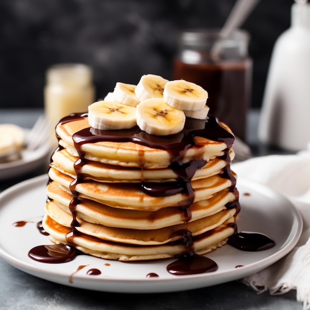 A stack of pancakes with bananas and syrup on top.