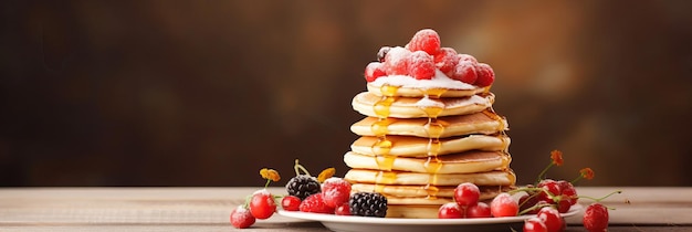 Photo stack of pancakes with berries advertising banner web banner lush delicious pancakes with blueber
