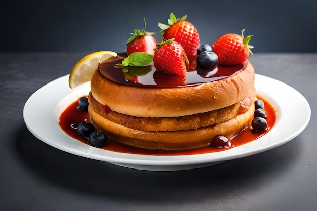 A stack of pancakes with berries and blueberries on top