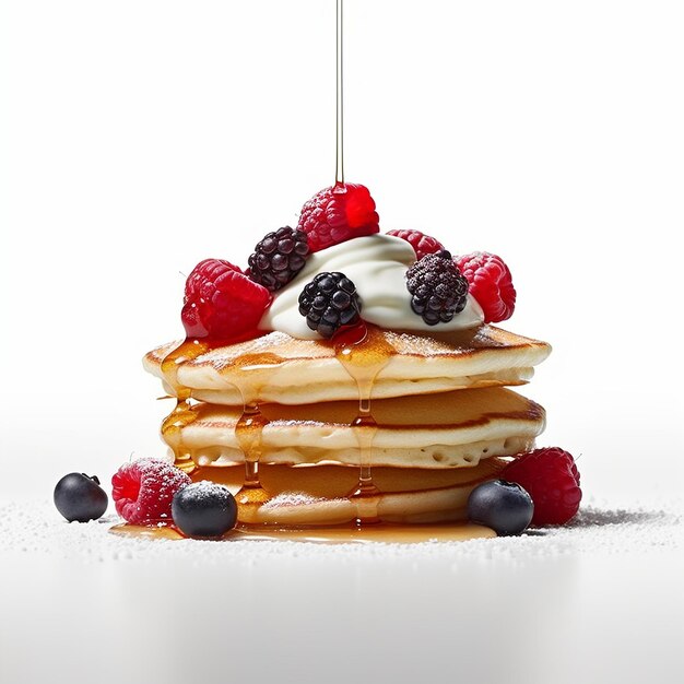 A stack of pancakes with berries and cream and syrup being poured on them.