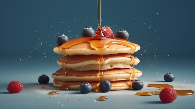 stack of pancakes with berries and maple syrup on a blue background