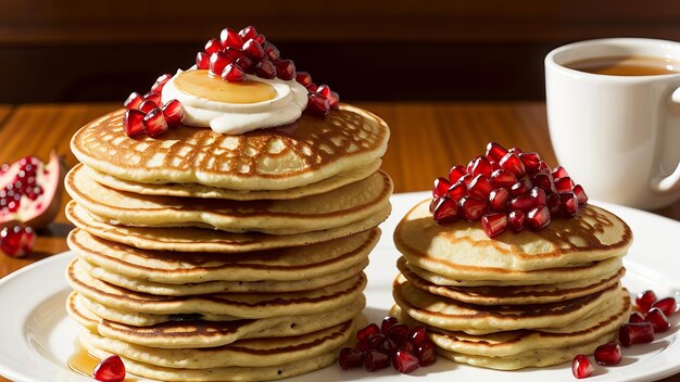 A stack of pancakes with berries and syrup on them