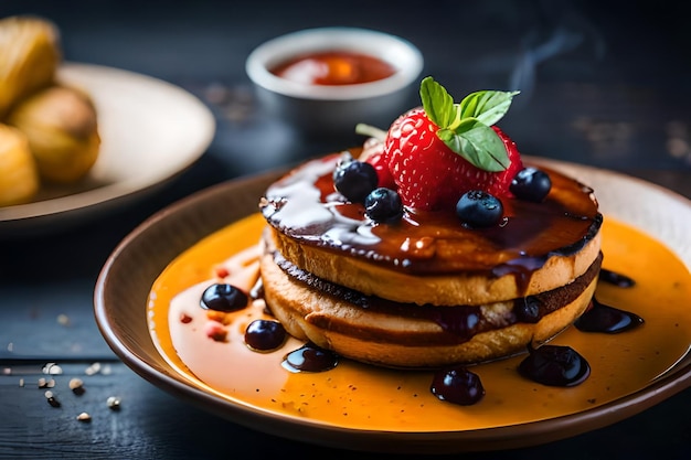 A stack of pancakes with berries and syrup on top