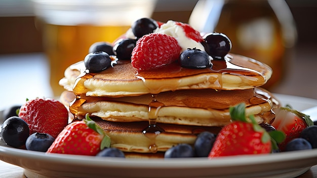 a stack of pancakes with berries and syrup