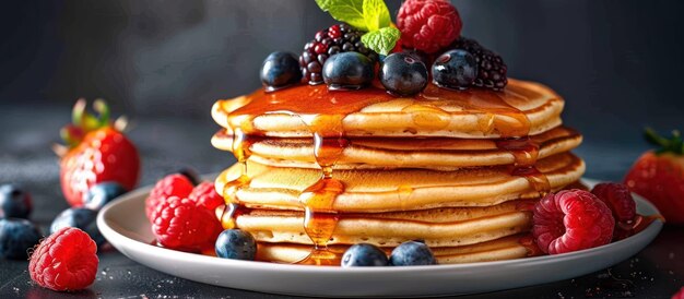 Stack of Pancakes With Berries and Syrup