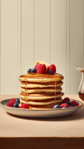 A stack of pancakes with berries on top and a cup of coffee in the background.