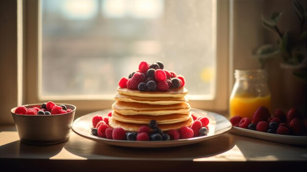 A stack of pancakes with berries on top