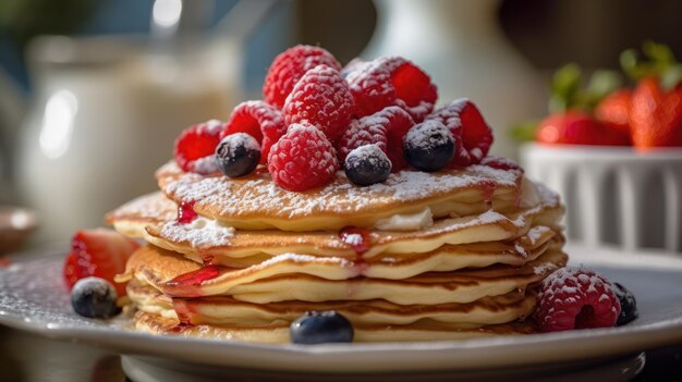 ベリーをのせたパンケーキの山