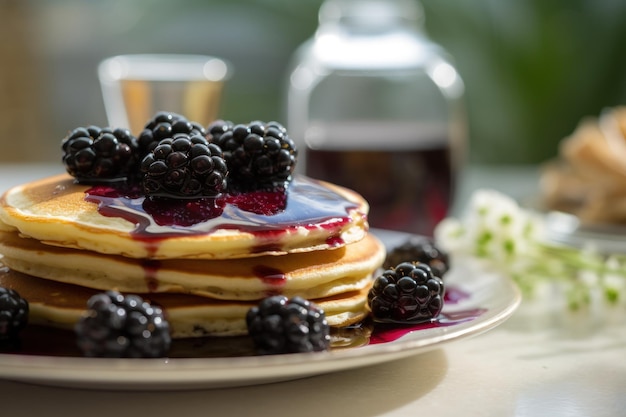 A stack of pancakes with blackberries on top and a glass of wine in the background.