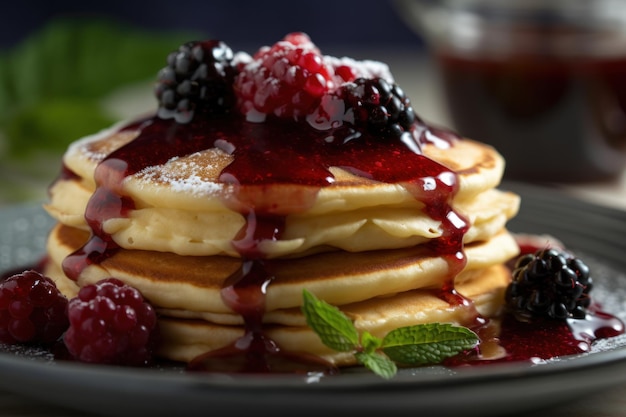 A stack of pancakes with a blackberry syrup on top