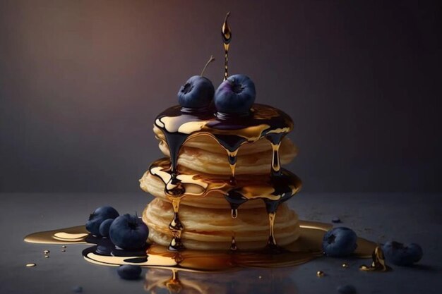 A stack of pancakes with blueberries and a black background.