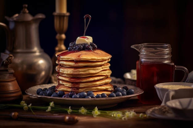 A stack of pancakes with blueberries and jam on top.