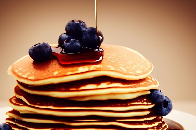 A stack of pancakes with blueberries and maple syrup being poured on top.