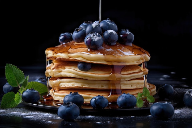 A stack of pancakes with blueberries and maple syrup on top