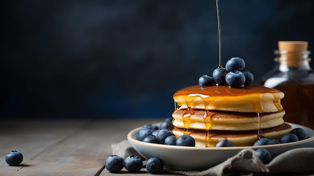 A stack of pancakes with blueberries and maple syrup