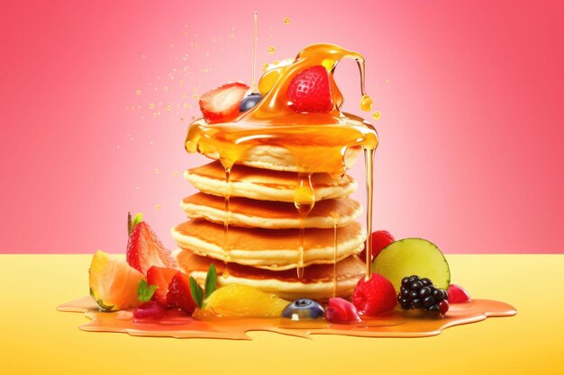 Stack of pancakes with blueberries strawberries and maple syrup on a bright background Generative AI