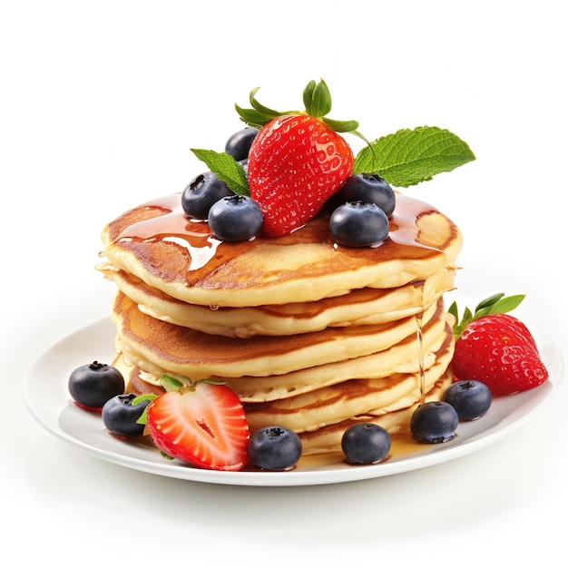 A stack of pancakes with blueberries and strawberries on top