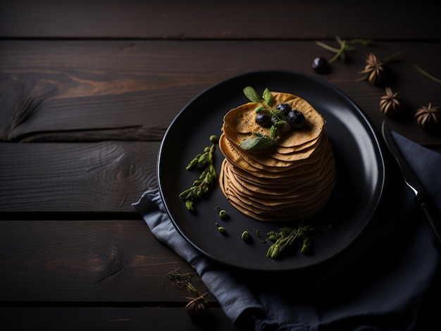 Stack of pancakes with blueberries and thyme on dark wooden background