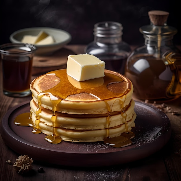 A stack of pancakes with butter and maple syrup on top of it.