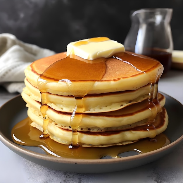 Stack of pancakes with butter and syrup on a plate.