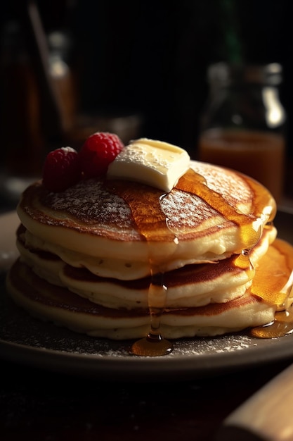 パンケーキを重ね、その上にバターとシロップを乗せたもの