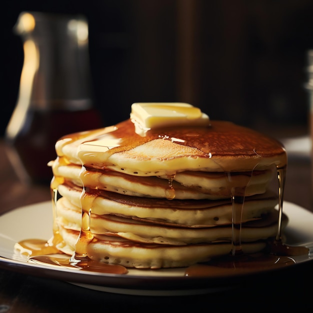 A stack of pancakes with butter and syrup on top of it.