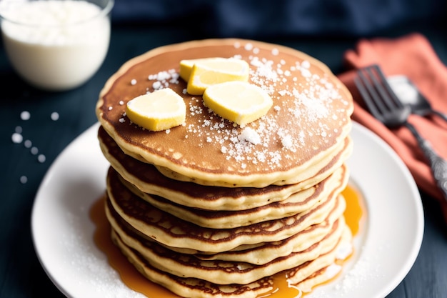 Stack of pancakes with butter on top and a glass of milk on the side.