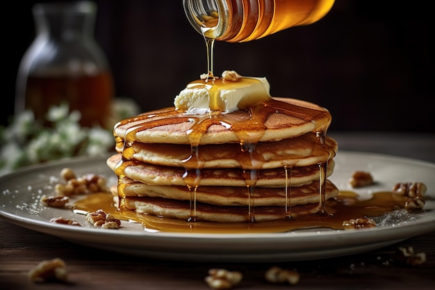 A stack of pancakes with butter and walnuts on top