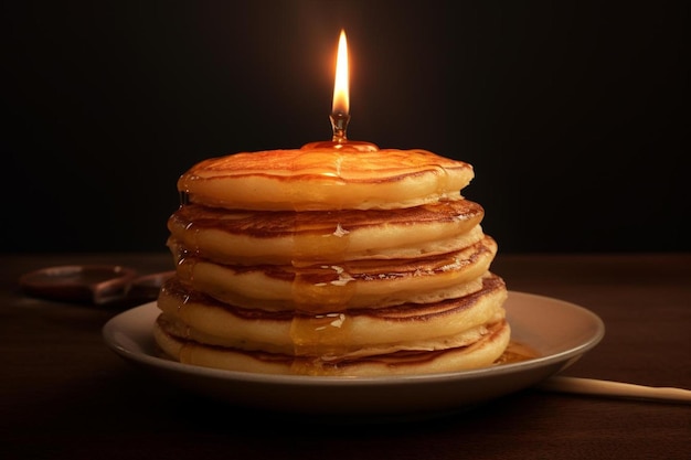 a stack of pancakes with a candle that is lit.