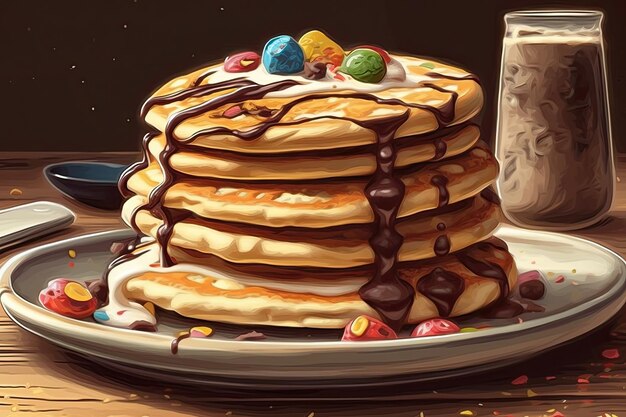 A stack of pancakes with candy on top of it