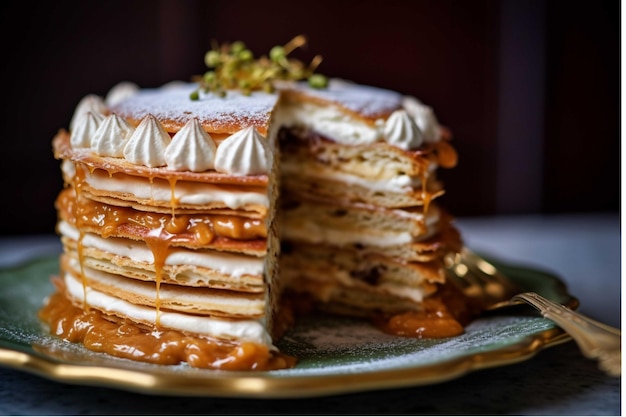 Stack of pancakes with caramel syrup on a plate