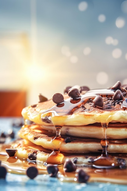 A stack of pancakes with chocolate chips and chocolate chips