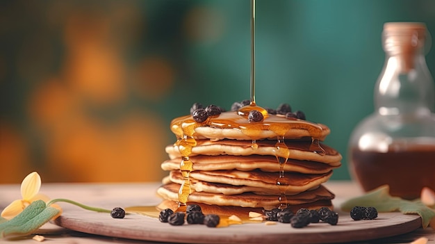A stack of pancakes with chocolate chips and honey on top