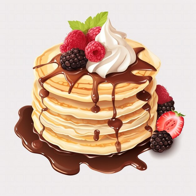A stack of pancakes with chocolate syrup and berries