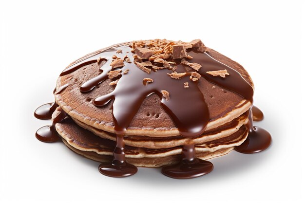 A stack of pancakes with chocolate syrup and chocolate on top.