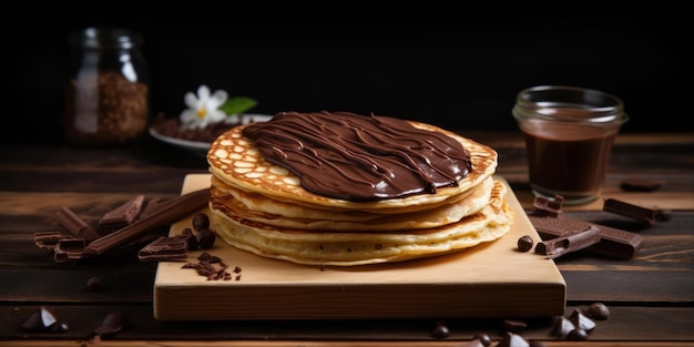 A stack of pancakes with chocolate on top