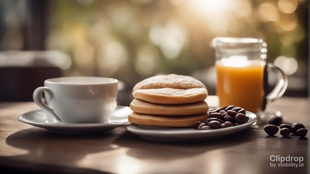 a stack of pancakes with coffee and coffee in the background.