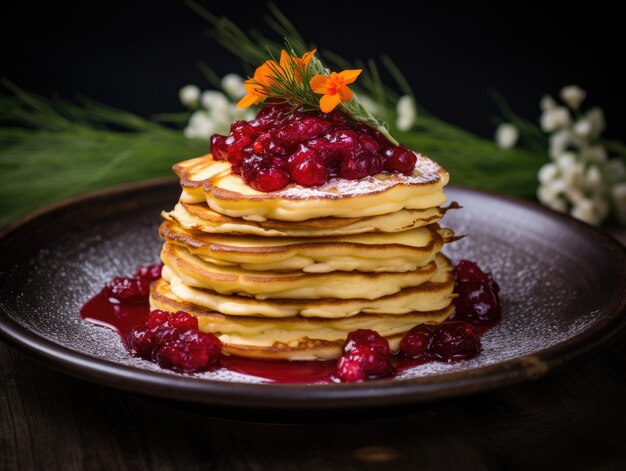 a stack of pancakes with cranberry sauce and flowers