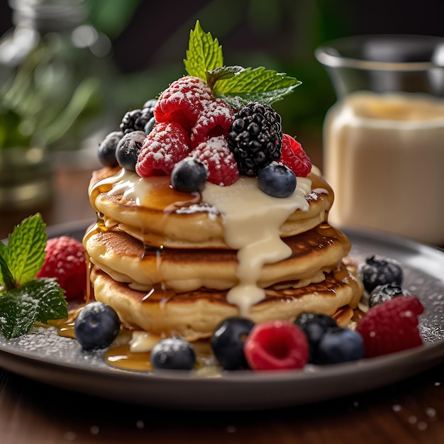 Stack of pancakes with cream and berry