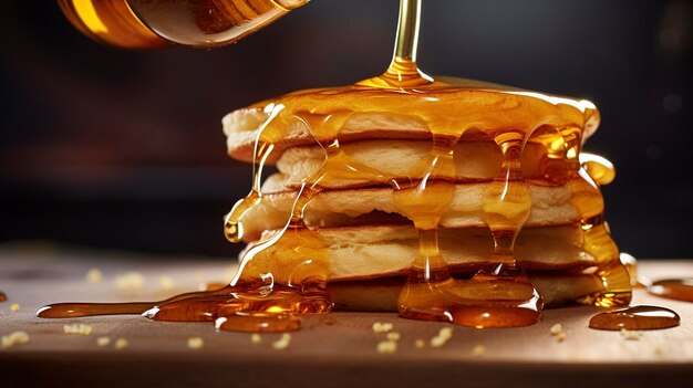 Stack of pancakes with dripping syrup on a dark background