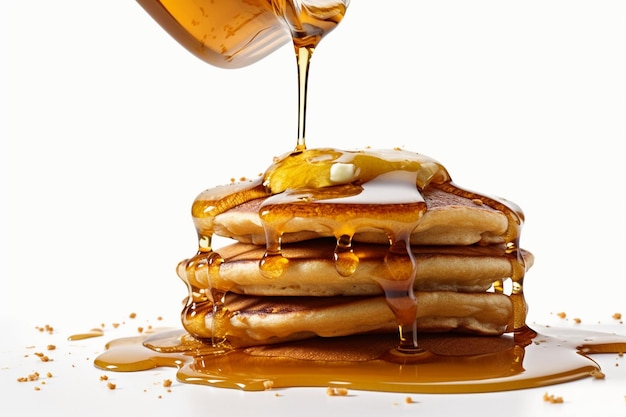 A stack of pancakes with a drizzle of syrup