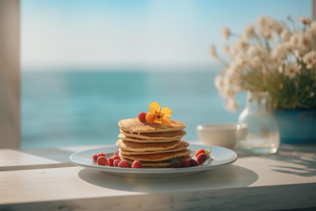 A stack of pancakes with a flower on the top